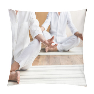 Personality  Cropped Shot Of Senior Couple Sitting In Lotus Position And Practicing Yoga Together  Pillow Covers