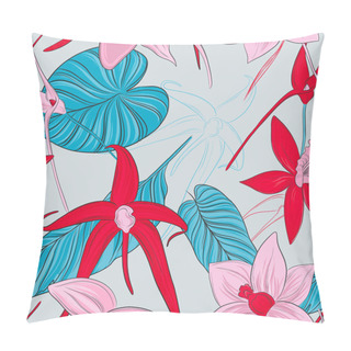Personality  Beautiful Vector Floral Pattern. Contrast Orchids In Red Pink With Blue Tropical Leaves. Cool Blossom Background. Repetetive Nature Texture. Woman Cloth Fabric, Garden Interior Foliage. Pillow Covers