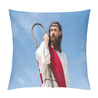 Personality  Jesus In Robe, Red Sash And Crown Of Thorns Standing With Wooden Staff Against Blue Sky And Looking Away Pillow Covers