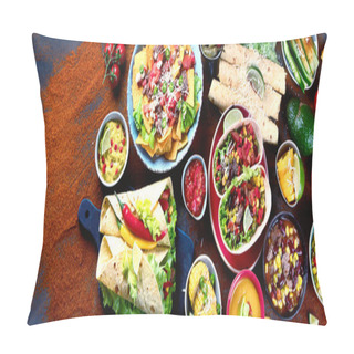 Personality  Traditional Mexican Food Mix On Dark Background. Top View With Copy Space Pillow Covers