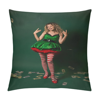 Personality  Smiley New Year Elf In Green Dress And Stockings Gesturing And Smiling With Cash On Green Floor Pillow Covers