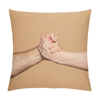 Personality  Cropped View Of Man And Woman Holding Hands Isolated On Beige Pillow Covers