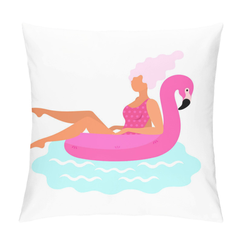 Personality  The girl swims on an inflatable circle in the shape of a pink Flamingo pillow covers
