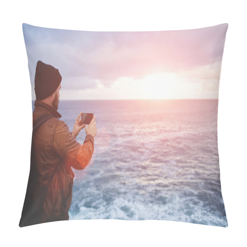 Personality  Young Man Tourist Taking Photo Pillow Covers