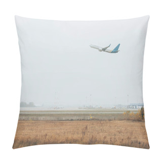 Personality  Airplane Departure In Cloudy Sky Above Airfield With Runway Pillow Covers