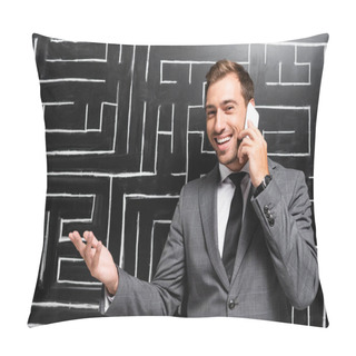 Personality  Handsome And Smiling Businessman In Suit Talking On Smartphone And Standing Near Labyrinth Pillow Covers