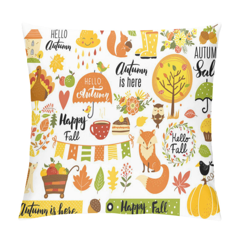 Personality  Autumn set, hand drawn elements- calligraphy, fall leaves, forest animals, wreaths, and other. Perfect for web, card, poster, cover, tag, invitation, sticker kit. Vector illustration pillow covers