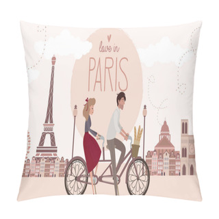 Personality  Love Story In Paris With A Lover Couple Riding A Bicycle. Romantic Poster, Love You Card Or Wedding Invitation. Editable Vector Illustration Pillow Covers