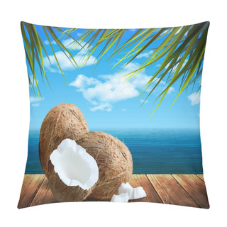 Personality  Seascape With Foam Of The Surf. In The Foreground Are Coconuts.  Pillow Covers