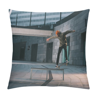 Personality  Skateboarder Balancing With Board On Bench In Urban Location Pillow Covers