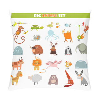 Personality  Big Vector Set Of Cartoon Animals. Mammals, Birds, Fishes Pillow Covers