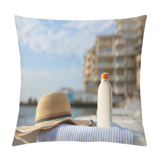 Personality  Suntan Cream Bottle On Beach Towel With Sea Shore On Background. Sunscreen On Deck Chair Outdoors On Sunrise Or Sunset At Luxury Spa Resort. Skin Care And Protection Concept And Travel. Golden Tan. Pillow Covers