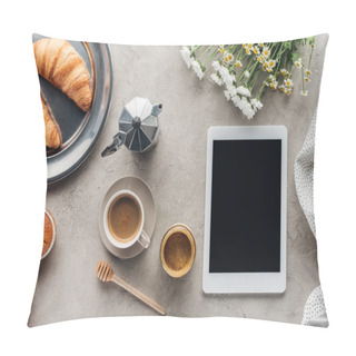 Personality  Top View Of Coffee With Pastry And Tablet With Blank Screen On Concrete Surface Pillow Covers