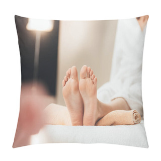 Personality  Selective Focus Of Adult Woman Lying On Beige Towel In Spa  Pillow Covers