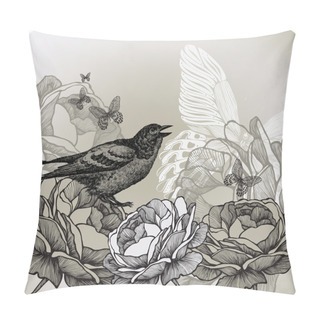 Personality  Floral Background With Roses And Bird Sitting, Hand-drawing. Vec Pillow Covers