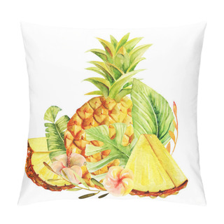 Personality  Watercolor Whole Pineapple And Sliced, Exotic Flowers And Tropical Leaves, Isolated Illustration On A White Background Pillow Covers
