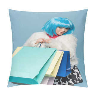 Personality  Young Asian Woman In Bright Wig Holding Shopping Bags Isolated On Blue  Pillow Covers