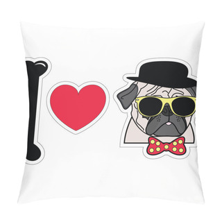 Personality  I Love Pugs Hipster  With Tie Bow With Dots Sun Glasses And Hat Pillow Covers