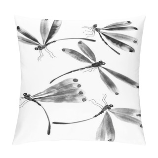 Personality  Dragonfly . Watercolor And Ink Illustration In Style Sumi-e, U-sin, Go-hua Oriental Traditional Painting.Isolated Pillow Covers