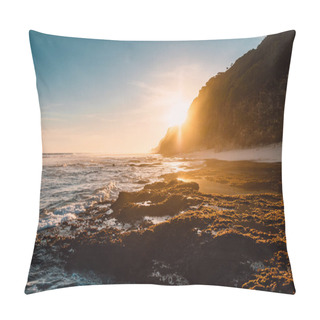 Personality  Beach With Ocean Waves And Sunshine Light At Sunset Or Sunrise Pillow Covers