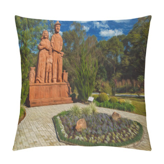 Personality  Sculpture Of Immigrant Family In A Garden Pillow Covers