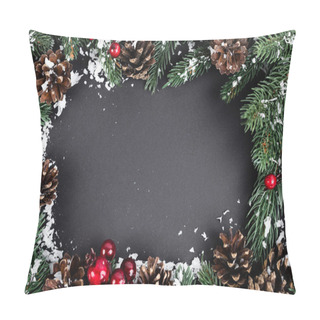 Personality  Flat Lay With Pine Cones, Red Beads, Spruce Branches And Artificial Snow On Black Background, New Year Concept Pillow Covers