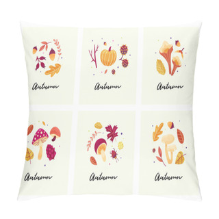Personality  Autumn Mood Cards With Autumn Compositions Of Leaves, Mushrooms, Twigs, Beetles And Seeds.  Pillow Covers