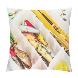 Personality  Selective Focus Of Fishing Tackle And Bait In Plastic Box  Pillow Covers
