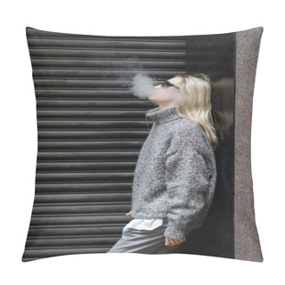 Personality  Side View Of Young Woman In Winter Sweater And Sunglasses Smoking E-cigarette While Standing On Urban Street  Pillow Covers