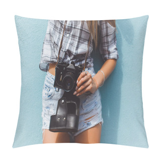Personality  Hipster Girl With Oldschool Film Camera Pillow Covers