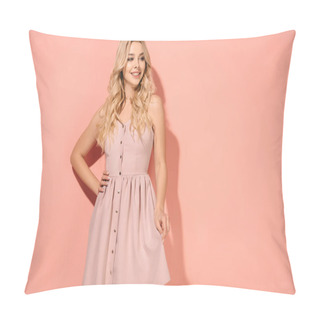 Personality  Blonde And Beautiful Woman With Hand On Hip In Pink Dress Smiling And Looking Away Pillow Covers