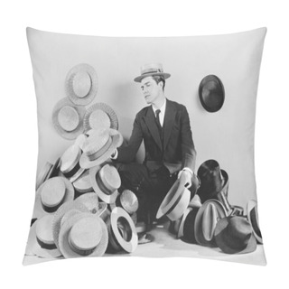 Personality  Man Sitting On The Floor Surrounded By Hats Pillow Covers