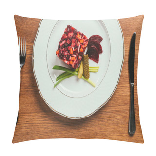 Personality  Vinaigrette Salad Laying On Plate Over Wooden Table With Fork And Knife   Pillow Covers