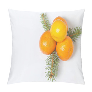 Personality  Mandarins Are Folded In A Pyramid. Between Them Are Branches Of Blue Spruce. On White Background. Pillow Covers