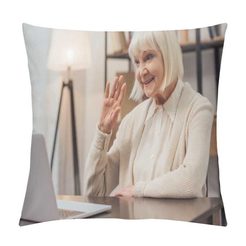 Personality  Smiling Senior Woman Sitting At Computer Desk And Waving While Having Video Call At Home Pillow Covers