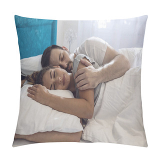 Personality  Young Couple Sleeping In Bed Under Blanket. Young Adult Couple Sleeping Peacefully On The Bed In Bedroom. Young Man Embracing Woman While Lying Asleep In Bed. Pillow Covers