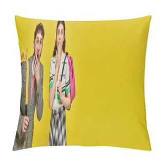 Personality  Shocked Students Standing With Backpacks, Looking At Camera, Covering Mouth, Yellow Backdrop, Banner Pillow Covers