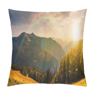 Personality  Panorama Of A Mountainous Landscape With Rainbow. Grassy Meadow Down The Hill In To The Forest. Lovely Summer Landscape At Sunset Pillow Covers