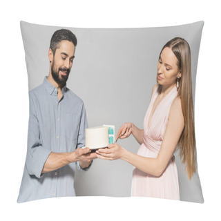 Personality  Elegant And Pregnant Woman In Pink Dress Cutting Blue Cake Near Smiling Husband During Baby Shower Party On Grey Background, Expecting Parents Concept, Gender Party, It`s A Boy  Pillow Covers