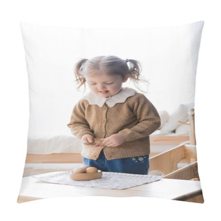 Personality  Girl Sticking Out Tongue While Holdings Spoon Near Bowl With Wooden Balls Pillow Covers