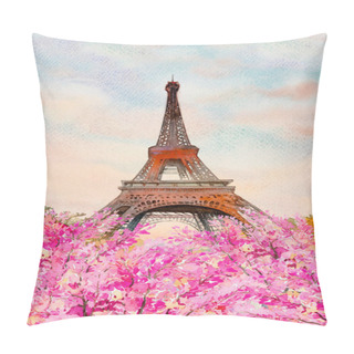 Personality  Paris France Eiffel Tower And Cherry Blossom In Flowers Beautiful Spring Season. Watercolor Paintings Landscape Illustration Art Outdoor. Popular Famous Landmark In The Europe  Pillow Covers