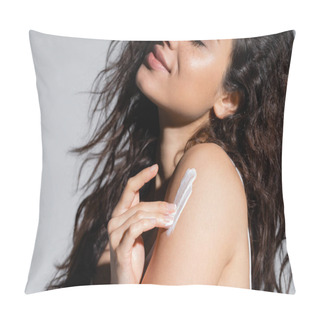 Personality  Cropped View Of Pleased Woman Applying Cream On Shoulder Isolated On Grey  Pillow Covers