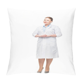 Personality  Attractive Female Doctor In White Coat Looking At Camera Isolated On White Background Pillow Covers