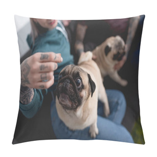 Personality  Cropped Image Of Tattooed Couple With Funny Pug Dogs At Home Pillow Covers