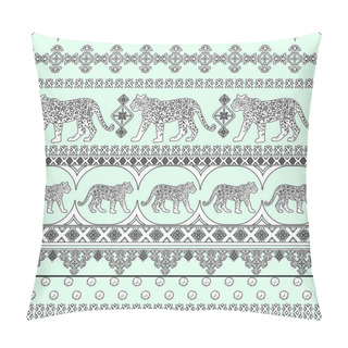 Personality  Tiger Leopard Animal Black Outline  Seamless Border Pattern With Ornate Indian Ethnic Tribal  Ornaments Folklore On A Blue Background. Coloring Book For Adults And Children Pillow Covers