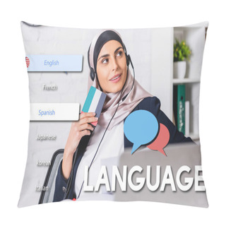 Personality  Smiling Arabian Interpreter In Headset Holding Digital Translator On Blurred Foreground, Speech Bubbles Near Icons With Different Languages Illustration Pillow Covers