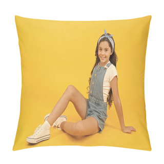 Personality  A Fashion Statement. Fashion Look Of Small Vogue Model. Adorable Girl In Fashion Wear On Yellow Background. Fashionable Little Child Relax In Casual Fashion. Gorgeous And Beautiful Pillow Covers