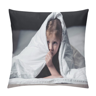 Personality  Frightened Child Hiding Under Blanket And Looking Away Isolated On Black Pillow Covers