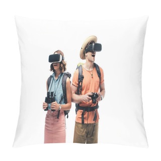 Personality  Two Young Tourists With Binoculars And Digital Camera Using Virtual Reality Headsets Isolated On White Pillow Covers