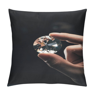 Personality  Cropped View Of Man Holding Big Clear Shiny Diamond On Black Background Pillow Covers
